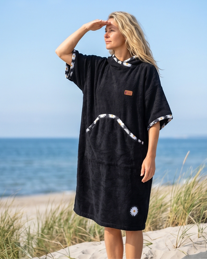 Ponczo Kąpielowe Damskie - Black Daisy
